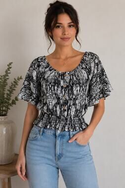 Snake Print Smocked Peplum Blouse Women's Small Flutter Sleeve